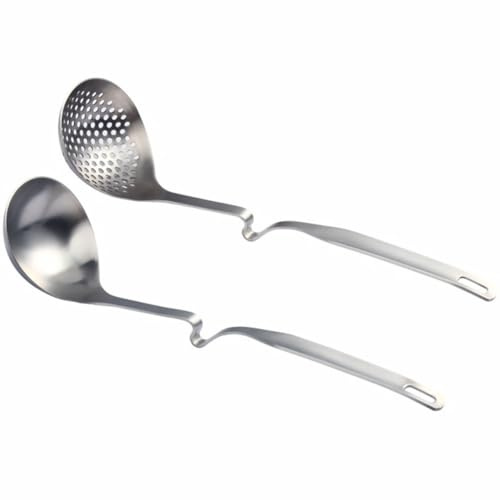 BAZEITFLOW 2 pièces Louche Inox Acier Inoxydable avec Cuillère et Écumoire à Long Manche Design Suspendu Pratique pour Soupe Service et Cuisson Cuisine