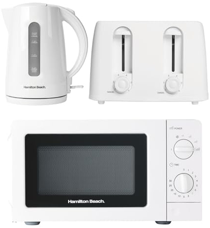 Hamilton Beach Kettle Toaster Microwave Set, Essentials, Electric Kettle, 1.7L,Toaster 4 Slice, Kettle & Toaster Set, Microwave Oven, 20L, Stainless Steel Cavity, 700W, Kitchen Set, White - HBESSW4SSC