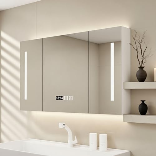 LED medicinskåp med HD anti-dimspegel, vitt massivt trä sminkbord, trefärgsbelysning, tids- och temperaturvisning, pappershållare (100 x 13 x 70 cm)