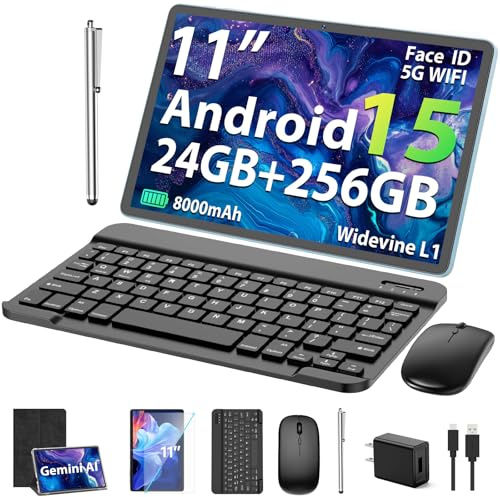Suicoey 2026 11 inch Android 15 Tablet with Keyboard, 24GB+256GB, 2TB Expand, 8000mAh, 5MP+13MP, 5G WiFi, Gemini AI, Split Screen, Widevine L1, 2 in 1 Tablets PC with Case, Mouse, Stylus(Black Case)
