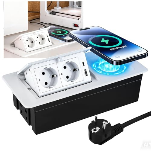 Strixorn 5 in 1 Versenkbare Steckdose Einbausteckdose mit Kabellosem, Ladegerät PD20W Schnelllade USB C Tischsteckdose für Arbeitsplatte,Schreibtisch mit 1.8M Kabel Winkel verstellbar für Küche Büro