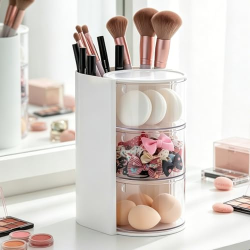 KAGEYMB Organizador de Maquillaje Vertical Giratorio 180° de 3 Niveles, con Portalápices para Pinceles, Transparente y Blanco, Ideal Guardar para Cosméticos,Borlas de Polvos, Accesorios para el Pelo