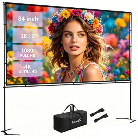 84-tums Projektionsduk med Stativ - 4K Ultra HD Veckfri Duk, 16:9 Format, 160° Bred Betraktningsvinkel för Hemmabio, Trädgård & Camping