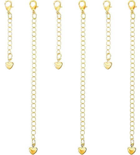 6 Pcs Halsbandsförlängare, Kedjeförlängare med Karbinhake och Hjärtformat Hänge | Förlängningskedja för DIY Halsband, Armband och Fotlänkar (5 cm & 10 cm, Guld)
