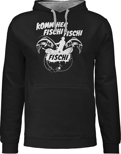 Pullover Herren Frauen Hoodie Kontrast zweifarbig - Angler Geschenke & Angeln Zubehör - Komm her Fischi - L - Schwarz/Grau meliert - angelmotiv mit spruechen angel sprüche sprüchen drauf shirt