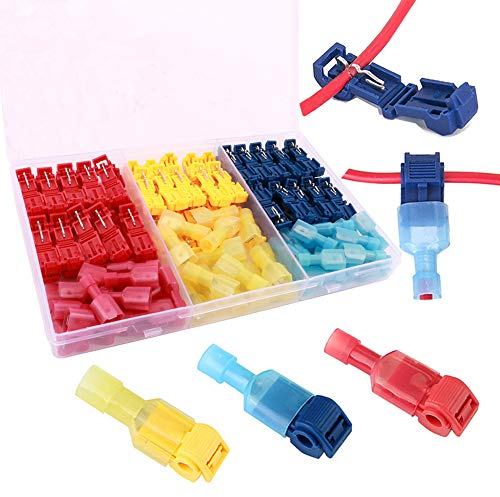 FULARR 110Pcs (55 Pairs) Premium T-Tap Cable Conectores Kit, T-Tap Rápido Empalme Terminal y Totalmente Aislado Macho Butt Terminal –– Rojo 40Pcs, Azul 40Pcs, Amarillo 30Pcs