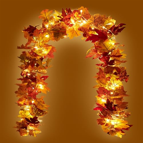 KASZOO 2 Stück Ahornblätter Herbstgirlande Mit 40 LEDs - 176cm/Stück Herbstblätter Girlande,Girlande Herbst Für Zuhause, Garten, Hochzeit, Kamin, Party Weihnachtsdekoration