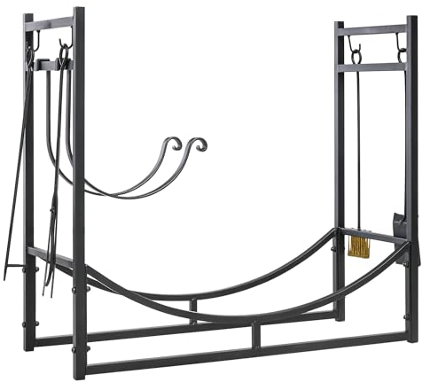 Outsunny Kaminholzregal Holzständer Holzablage mit 4 Haken 2 Schichten Metall Schwarz 84 x 33 x 76 cm