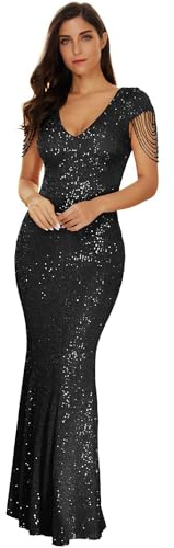 Women's V Neck Sequin Formal Evening Dress Tassel Bead Sleeve Mermaid Long Gown 1920S Party Maxi Military Dress (Black, S)