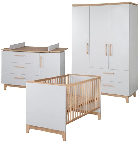roba SET 'Caro', inkl. Kombi-Bett 70x140 cm, Wickelkommode & 3-türigem Schrank, Lichtgrau/Goldeiche