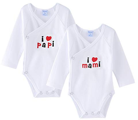 AMOMÍ Body para Bebé, Pack de 2 unidades, Manga Larga, 100% algodón, Suave Bodies con Botones de Presión, Color Blanco y Crudo (0 Mes, I Love Papa, Mama A21044)