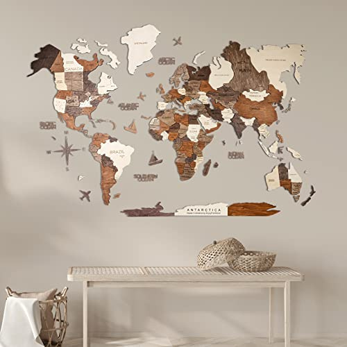 Mappa del mondo in legno 3D, grande decorazione da parete - idea regalo per ogni occasione - arte da parete per casa, cucina o ufficio