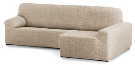 Milica Stretchhusse für Ecksofa mit Langer Recamiere rechts | Bután Stoff besonders anpassungsfähig | Waschbarer und Rutschfester Sofaschoner | Farbe Beige