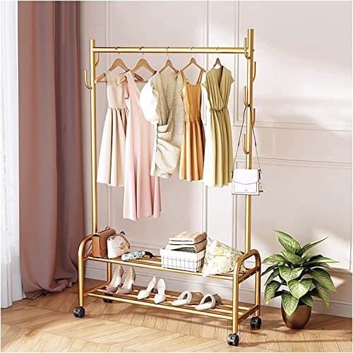 Mixfom Gold Kleiderständer, Garderobenständer mit Rollen, Garderobe miit Kleiderstange und 7 Haken, für Wohnzimmer, Schlafzimmer, Einfache Montage (Color : Gold, Size : 100cm)