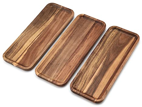 Solid Acacia Wood Serving Trays Set of 3(14.5 x 5.5 inches) Rectangular Wooden Serving Platters for Dessert, Food, Vegetables, Fruit, Charcuterie, Appetizer Serving Tray, Cookie Platter Cheese Board
