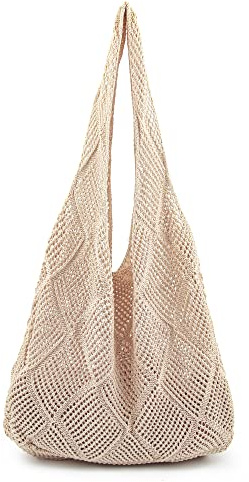 Stizimn Crochet Mesh Beach Tote Shoulder Hobo Aesthetic Summer Bag for Women (Beige)