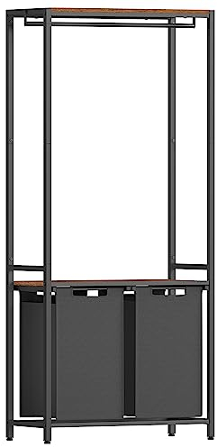 VASAGLE Wäschekorb mit Garderobenständer, Wäschesammler mit 2 Fächer, 73 x 33 x 177 cm, Kleiderständer, Wäschebox, Wäschesack ausziehbar abnehmbar, 2 x 46 L, vintagebraun-klassikschwarz BLH231B02