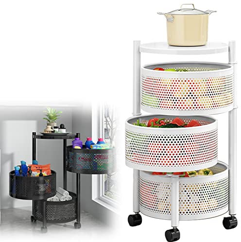 ROFBIHG 3 Ripiani Cestelli Portafrutta Moderno, Carrello Porta Frutta E Verdura, 60x34cm, Bianco, Cestino in Rete Traspirante, Movimento Libero A 360°, per Snack, Pane, Frutta E Verdura