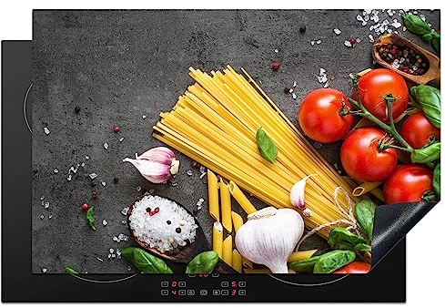 KitchenYeah© Herdabdeckplatte Einteilig Abdeckplatten Cerankochfeld | 81x52 cm - Abdeckung Ceranfeld Herdplattenabdeckung Induktionsmatte Nudeln - Kräuter - Tomaten - Gewürze - Rustikal