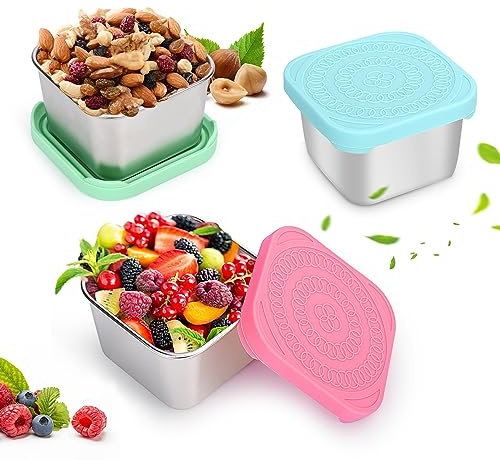 Hydream 3x180ml Contenitori per Snack e Alimenti in Salsa Metallica Acciaio Inossidabile 304, Set con Coperture in Silicone, Set di Scatole per il Pranzo A Prova di Perdite Portatili Riutilizzabili