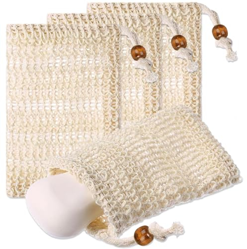 4 Pcs Sac à Savon, Sac à Savon En Sisal, Filet Savon,Pochette Savon Solide, Convient pour les résidus de savon et le savon, Pour exfoliation du corps Massage