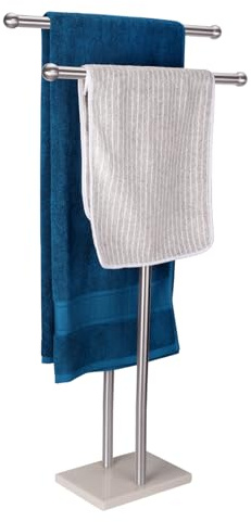 WAYDELI Standing Towel Rack Double-T Shape Tall Bath Towel Sheet Holder with Marble Design Base for Bathroom 2 Tier Towel Holder Stand Stainless Steel (Brushed Nickel)