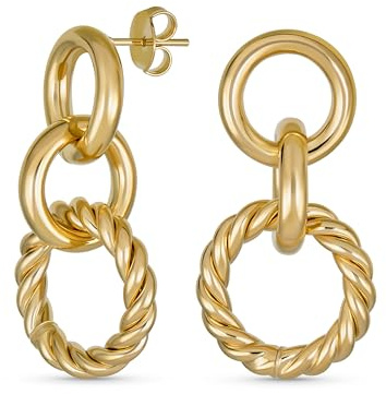 Klassische Verdrehte Seilgeflechtkabel Leichte Türklopfer-Ohrringe Im Stil Von 3-Stufigen Kreisreifen Für Frauen Teenager Gelbgold Plattiertes Messing 1,70 Zoll