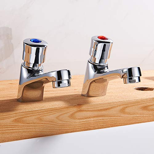 Bathroom Basin Taps Pair Hot Cold Water Bathroom Sink Tap Water Saving Self Closing Time Delay Basin Faucet Rust-Proof Brass Sink Washbasin Tap for Home Hotel Public Toilet