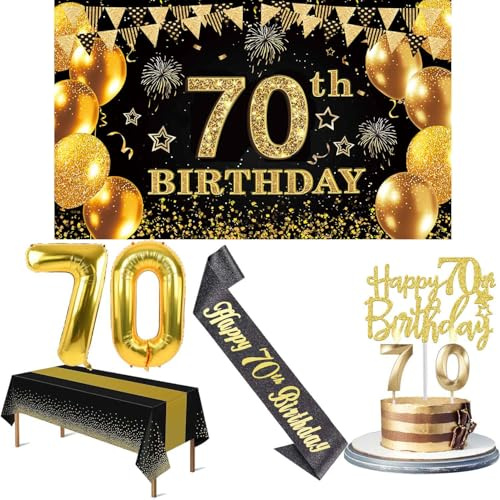 Amosking 70th Birthday Decorations for Men Women Black Gold | Luxury 70th Birthday Decorations - Easy Assembly with Banner, Number Balloons, Table Cloth, Sash, Cake Topper and Candles