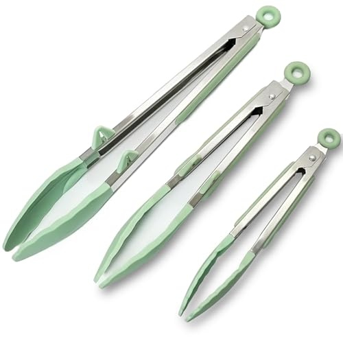 Silicone Kitchen Tongs, 3Pcs Tongs for Cooking with Silicone Tips, Food Grade Small Tongs, Mini Serving Tongs for BBQ Salad, Green, 7+9+12