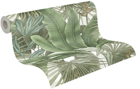 Livingwalls Carta da parati DESIGNDROP - carta da parati non tessuta preverniciato effetto giungla in verde, bianco - 10,05m x 0,53m - Carta da parati floreale con foglie di palma - 784511