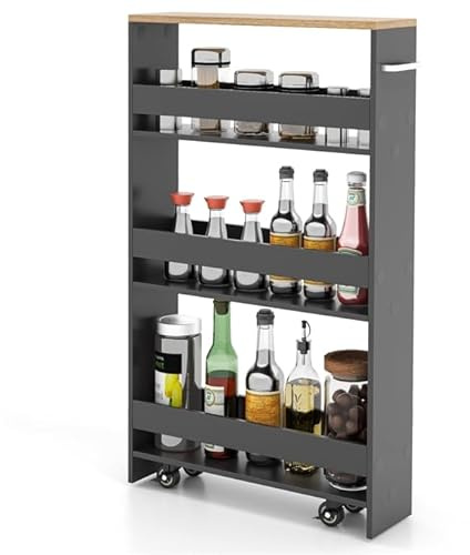 GOPLUS Nischenregal 20 cm breit, Nischenwagen mit 4 Ebenen, Küchenregal Küchenwagen schmal, Nischenschrank mit Rollen, Badregal Rollwagen für Küche, Bad & Wäsche 47,5 x 20 x 80,5 cm (Grau, Natur)