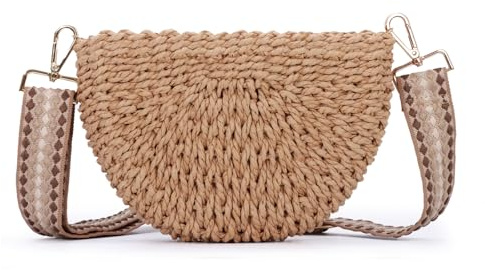 Fecialy Handmade Straw Crossbody Bag for Women Semicircle Woven Handbag Summer Beach Shoulder Bag