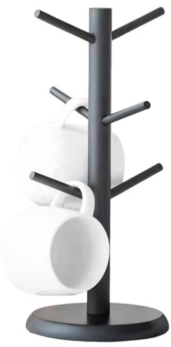 Becherhalter mit 6 Tassenhaken, 34,9 x 15,2 cm, Kaffeebecher-Halter mit stabilem Boden, Bambus-Tasse und Untertasse, Präsentationsständer für Restaurant, Büro, Küche, Theke, Kaffeetassenhalter,