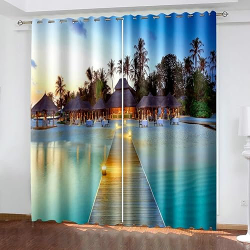Bishilin Verdunklungsvorhänge Blickdicht 2er Set 214x214CM, Vorhänge mit Ösen Landschaft Strand Holzbrücke Ferienhaus und Kokospalmen Muster Gardinen Verdunkelnd Jugendzimmer Kinderzimmer