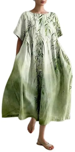 Leinenkleid Damen Sommer Lang Boho Große Größen Maxikleid Loose Rundhals Freizeitkleid Blumen Druck Urlaubskleid Halbärmeln Longshirt Vintage Maxi Dress Mode Strandkleid Lange Kleid