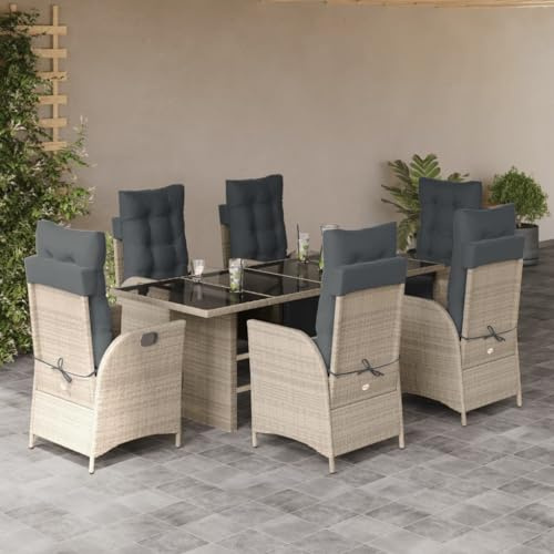 Verderoom Gartenmöbel Set 6 Stühle Mit Tisch, Verstellbar Garten Essgruppe, Rattan Sitzgruppe, Sitzgruppe Outdoor, mit Kissen Hellgrau 7-TLG