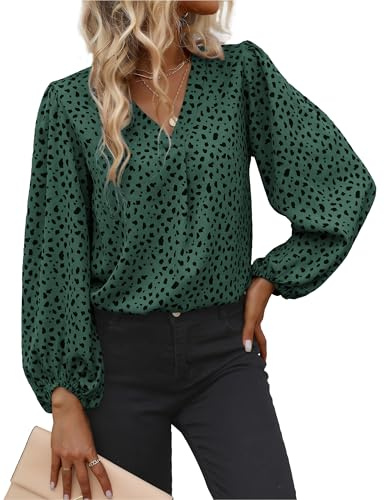TELULYOO Long Sleeve Blouses for Women Leopard Print Chiffon Tops V Neck Fashion Business Shirts Dressy Casual Office Tunic Green