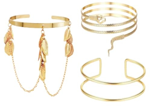 fufupaw 3 Stück Oberarmreif Gold, Armreif Gold Oberarm, Goldene Armreifen Set mit, Elegantes Schmuckstück für Damen, Vielseitig Tragbar für Alle Anlässe(Blatt, Schlange, U-Form)