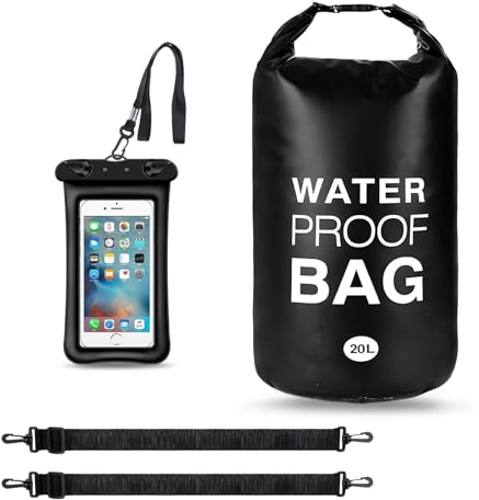 CHSEROK Packsack Wasserdicht, 20L Wasserfeste Tasche Vielseitig, PVC wasserdichte Taschen für Boote Schwarz, Tragbar Wetbag Schwimmsachen mit Handyhülle, für Wassersport, Strand, Bootsport