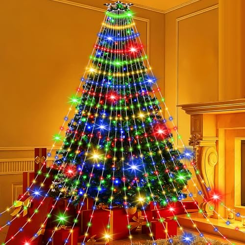 Luci Albero di Natale Interno Esterno 400 LED 2,5 Metri 16 Fili, Lucine Luci Albero di Natale a Cascata LED IP44 Impermeabile, Illuminazione Catena Luminosa Esterno Natalizia 8 Modalità, Colorate