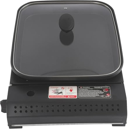 Réchaud à gaz 1 feu - Réchaud à gaz de camping - 2,1 kW - Avec couvercle et plaque de cuisson - Portable - Avec poêle à griller - Allumage piézoélectrique - Noir