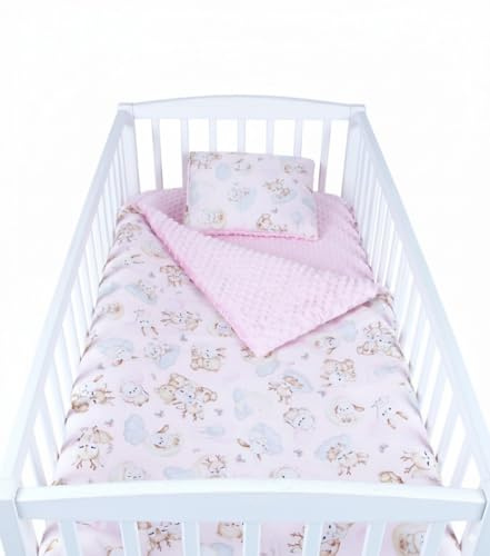 Babylux Babydecke 75x100 cm mit Kissen 30x35 cm – Kuscheldecke aus Minky & Baumwolle – Krabbeldecke für Kinderwagen, Babybett & Spielgruppe (K162 Rosa + Schnuckis)