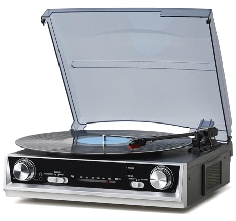PROSUCO Vintage All-in-One Schallplattenspieler mit eingebauten Lautsprechern, 3-Geschwindigkeiten 33/45/78 U/min, FM-Radio, RCA & Kopfhörer-Ausgang, Schwarzes Holz — Kein Bluetooth