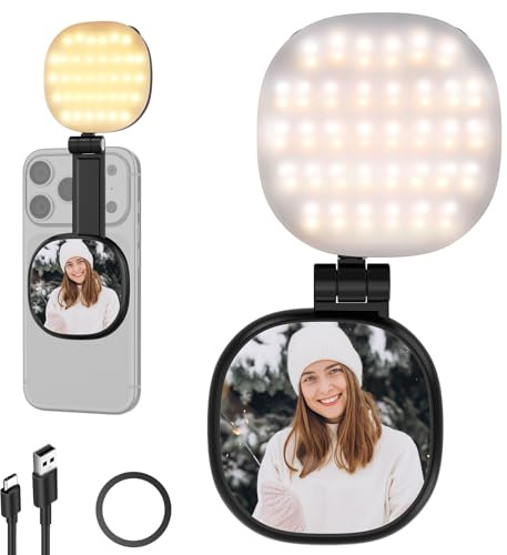 NEEWER BASICS Magnetisk selfie-lampa kompatibel med MagSafe iPhone, 2 W tvåfärgad liten LED-telefonfyllning ringbelysning CRI95+ med 360° svängbar, spegel för sminkvideokonferensinspelning, NL72B