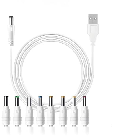Leloco USB auf DC Stecker Kabel, 8 in 1 USB A auf Hohlstecker Adapter 5,5 x 2,1mm Universal Ladekabel Netzkabel Stromkabel Adapterkabel mit 8 Stecker für Router, Rasierapparat, TV Box usw Weiß