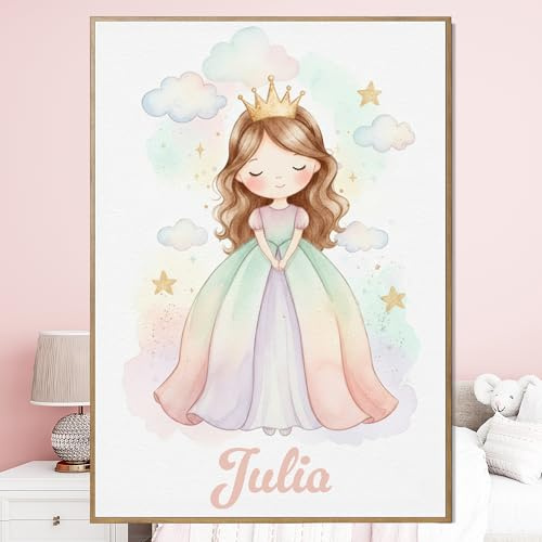 Decoración habitación niña Princesa castaño claro - regalo personalizado | El nombre de la niña aparece junto a la princesa con pelo castaño, impresión decorativa suave para su cuarto
