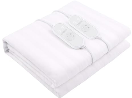 Scaldaletto Elettrico Matrimoniale 170 x 150 cm in Poliestere 9 Livelli di Temperatura 2 Controller Indipendenti Spegnimento Automatico 1-9h Anti-Surriscaldamento Elastici agli Angoli Lavabile Bianco