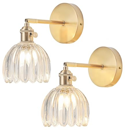 NETHCUEL Wandlampe Innen-Set aus Zwei Festverdrahtet, Vintage-Wandleuchte mit Tulpen-Transparentglas-Lampschirm, Bad-Wandlampe mit Schalter, Goldene wandlampe, Leuchtmittel Nicht Enthalten