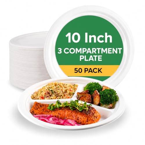 The Happy Garden Bagasse Plates 3 Compartment (10 Inch, Pack of 50) - Compostable Sugarcane Disposable Plate, Heavy Duty, Microwave & Freezer Safe, Ideal for Parties